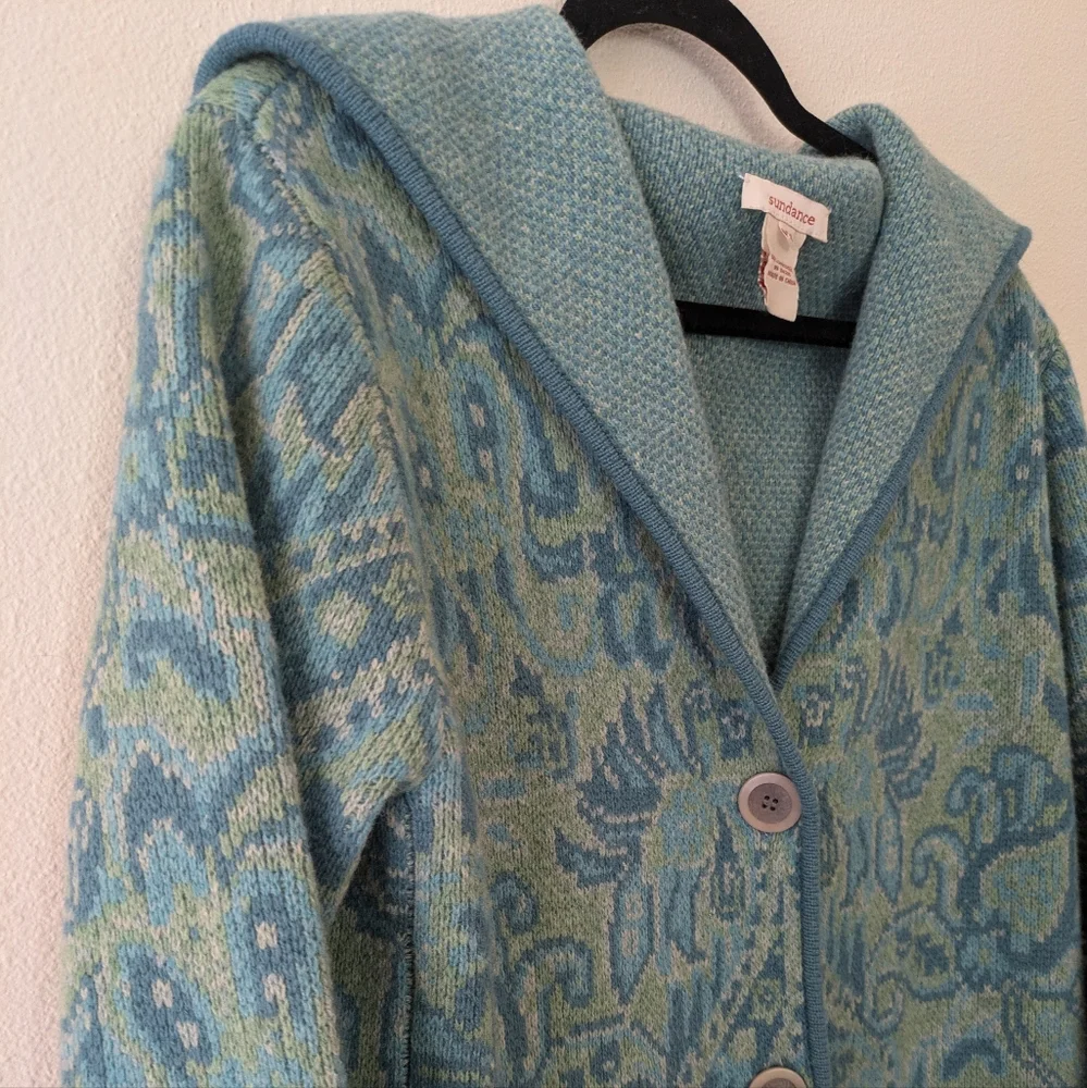 Sundance 100% Lambswool Teal Jacquard Jacket Cardigan sz PS Boho Fisherman - Picture 3 of 11